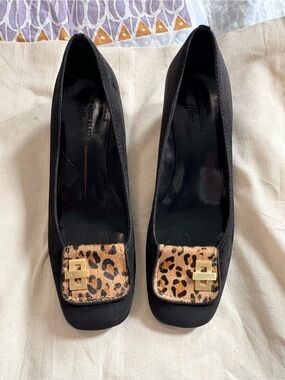 Anne Klein Black Suede Pumps with Leopard Accent size 9